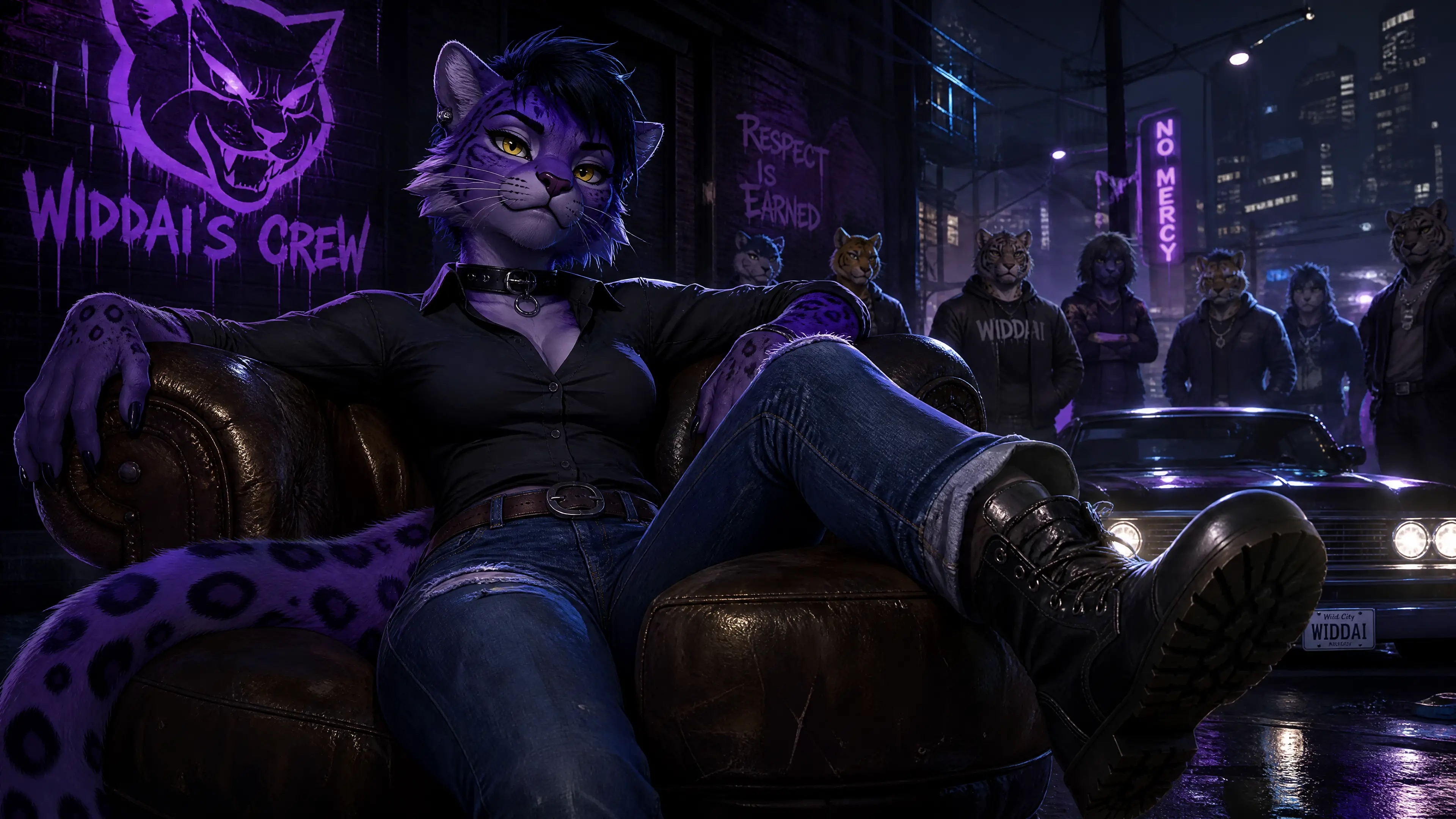 Confident purple ocelot anthro girl in casual tomboy outfit