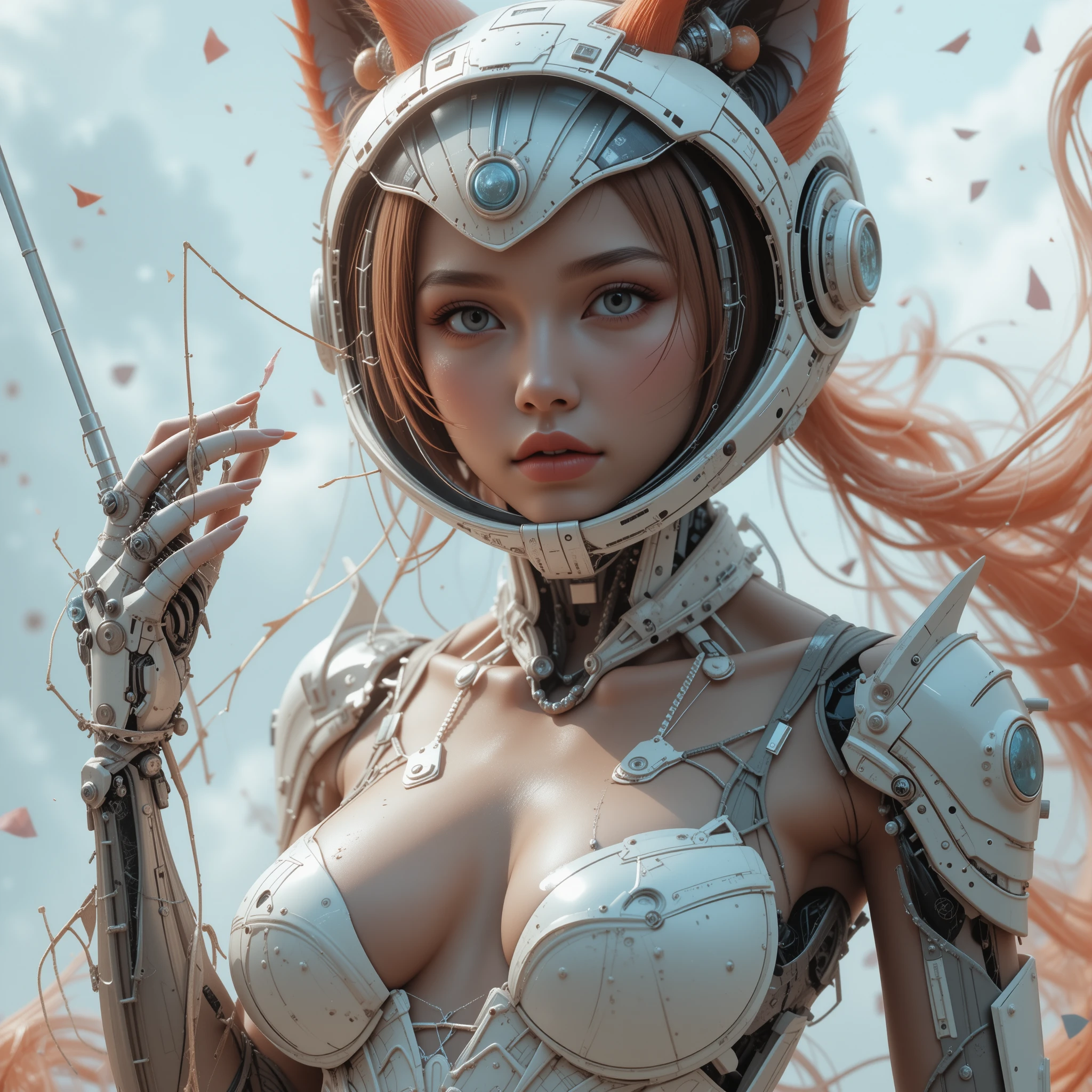 Femme renard cybernétique futuriste au visage humain flottant