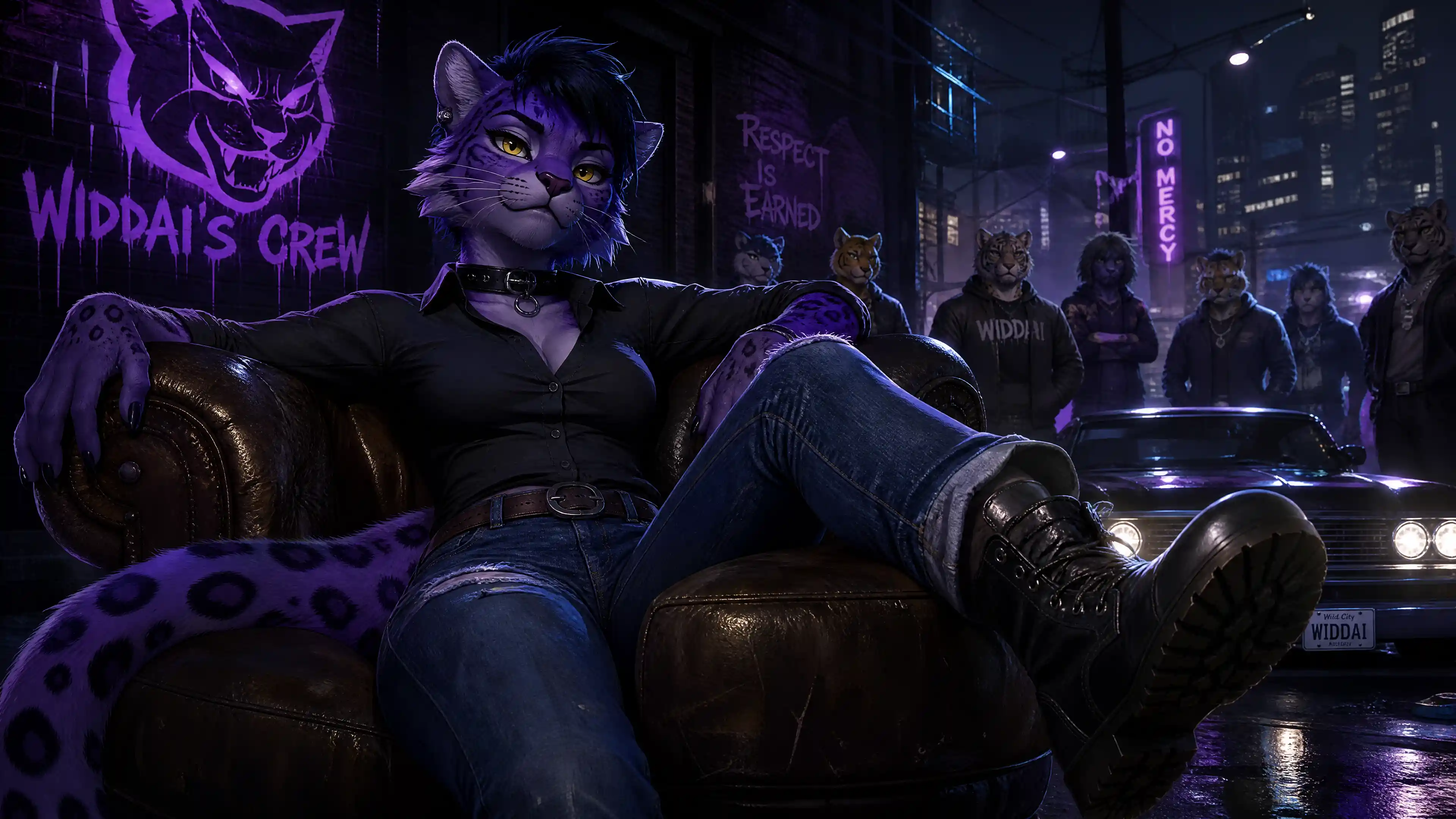 Confident purple ocelot anthro girl in casual tomboy outfit