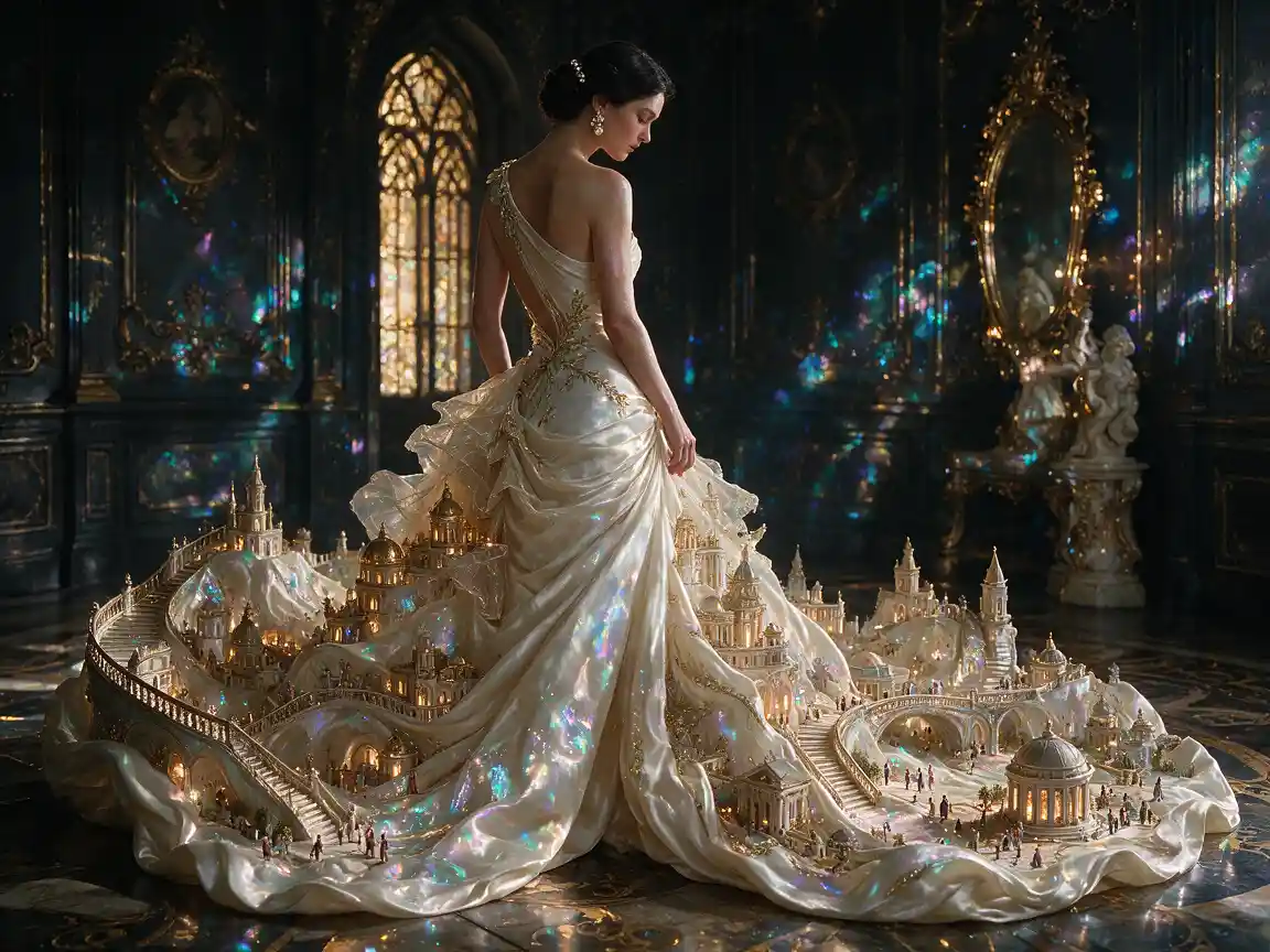 Mulher elegante em vestido de alta-costura crescendo em cidade em miniatura