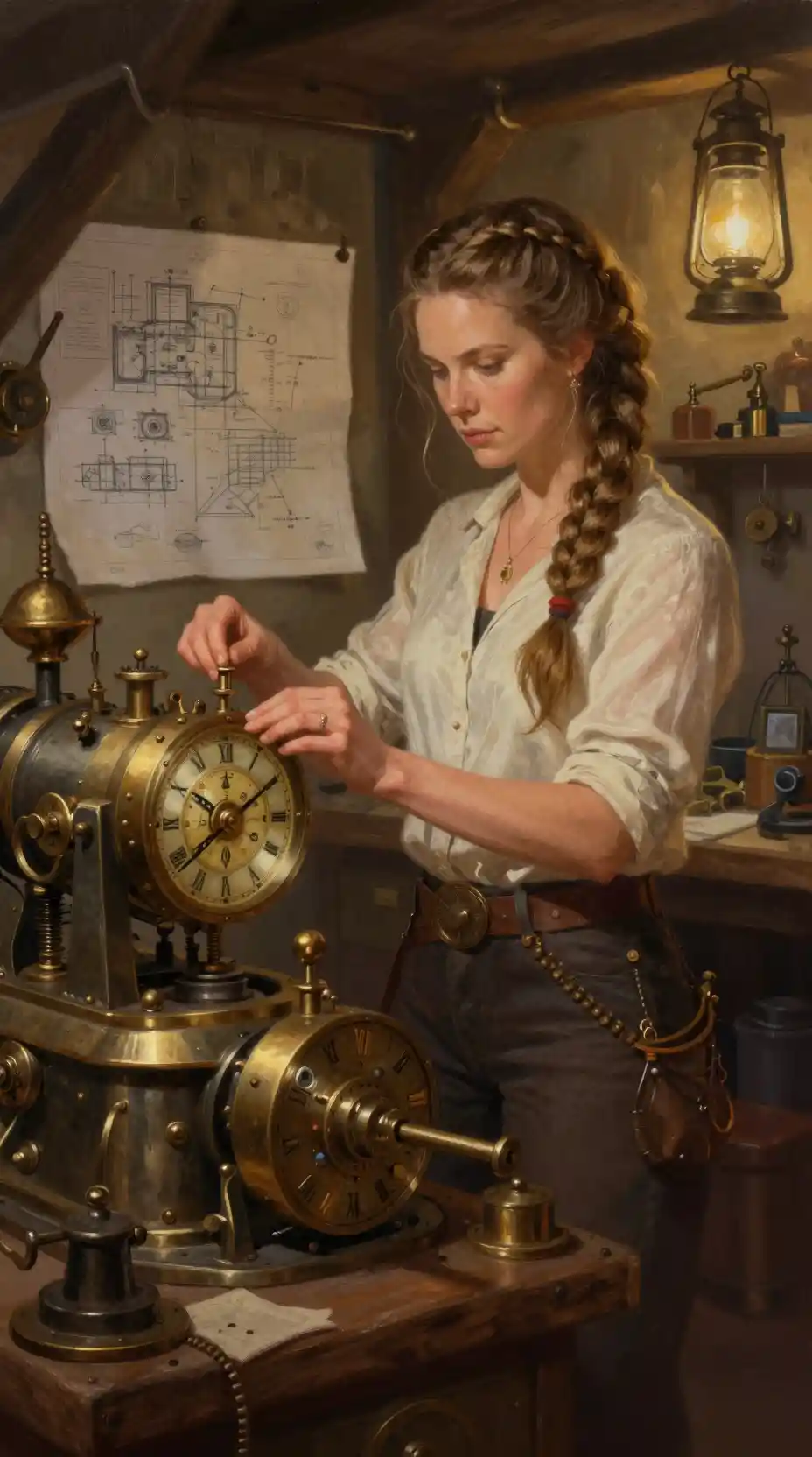 Confident nordic inventor beside a grand steampunk engine