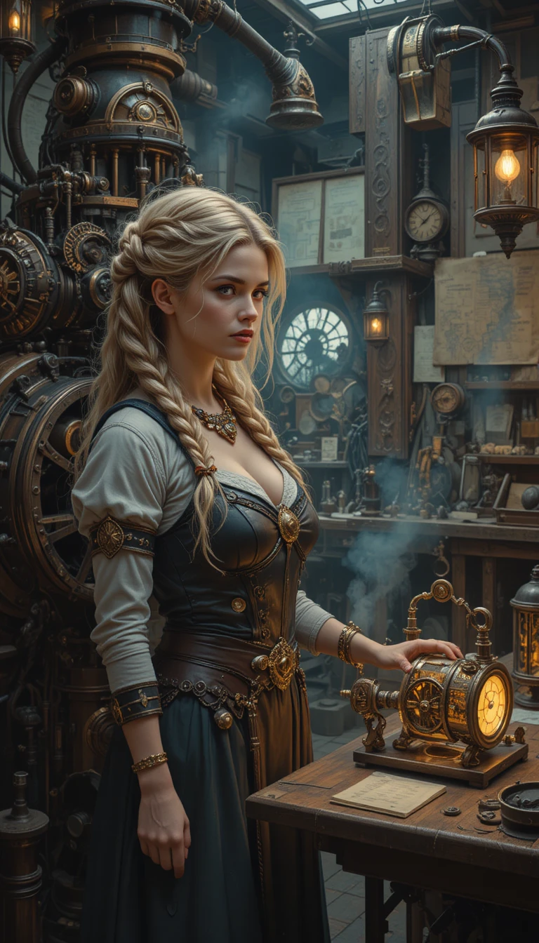 Nordic woman beside a towering steampunk engine