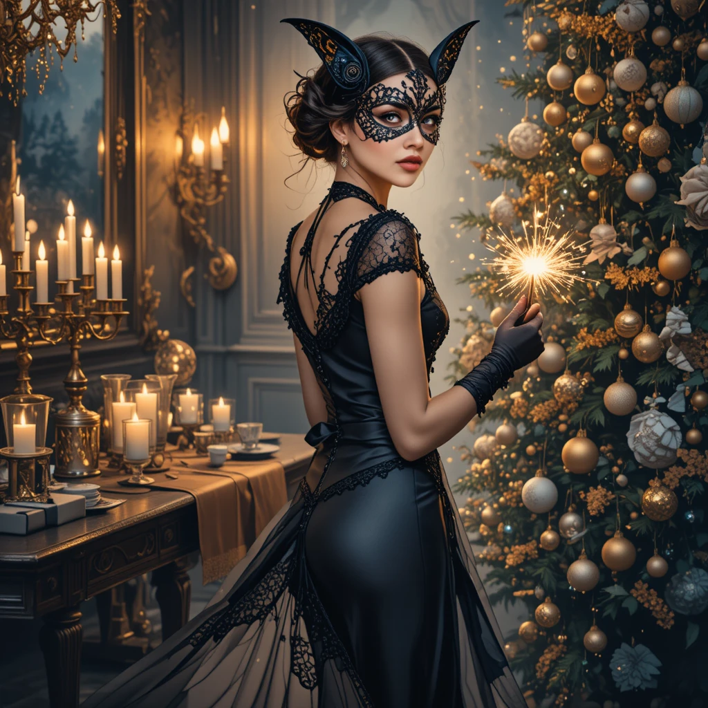 Femme masquée en robe noire tenant un cierge magique lumineux