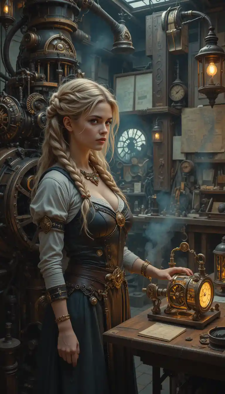 Nordic woman beside a towering steampunk engine