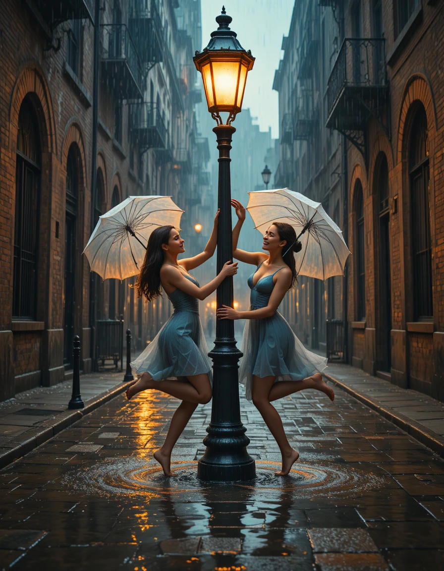 Two women dancing in the rain under a glowing streetlamp