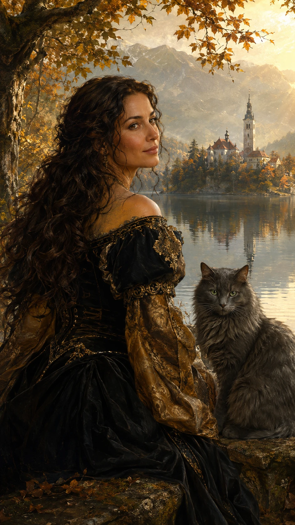 Elegant Spanish woman by a serene autumn lakeside