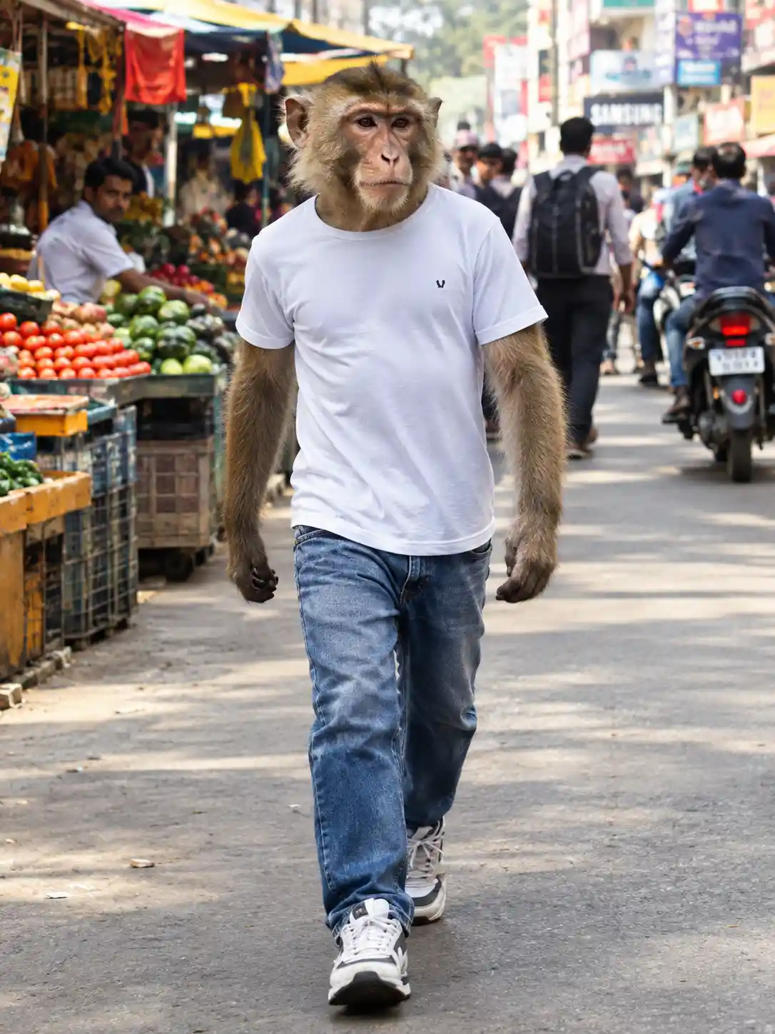 Realistic monkey walking upright in Indian street market