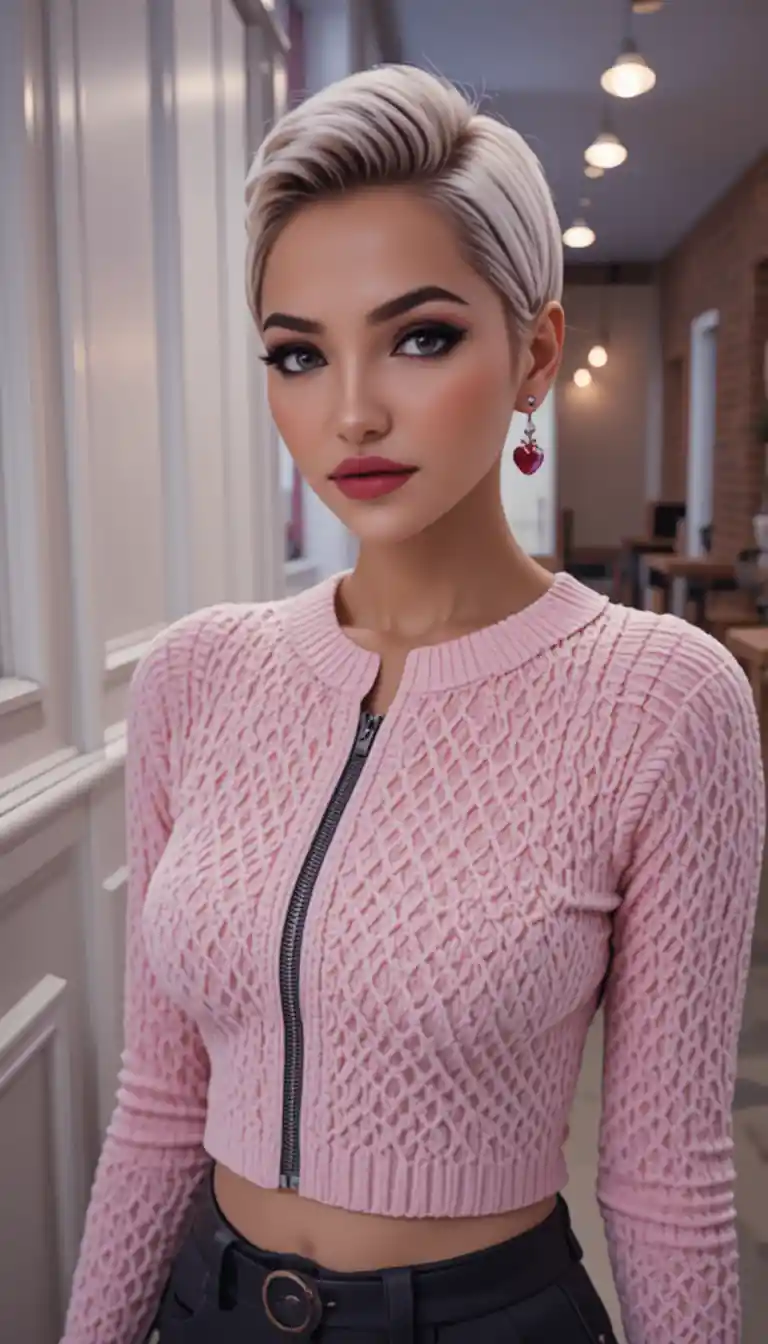 Confident woman in pink knit sweater portrait indoors