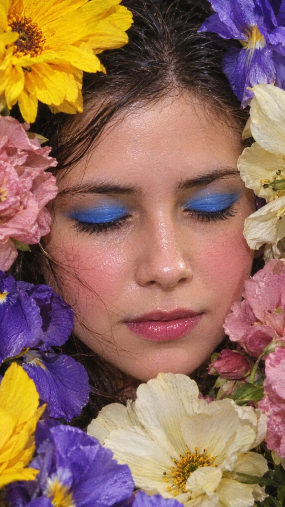Y2K beauty close up of woman framed by fresh flowers