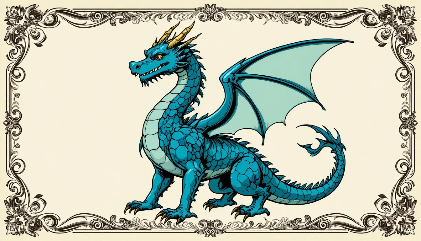 Ornate certificate border with teal dragon and acanthus scrolls