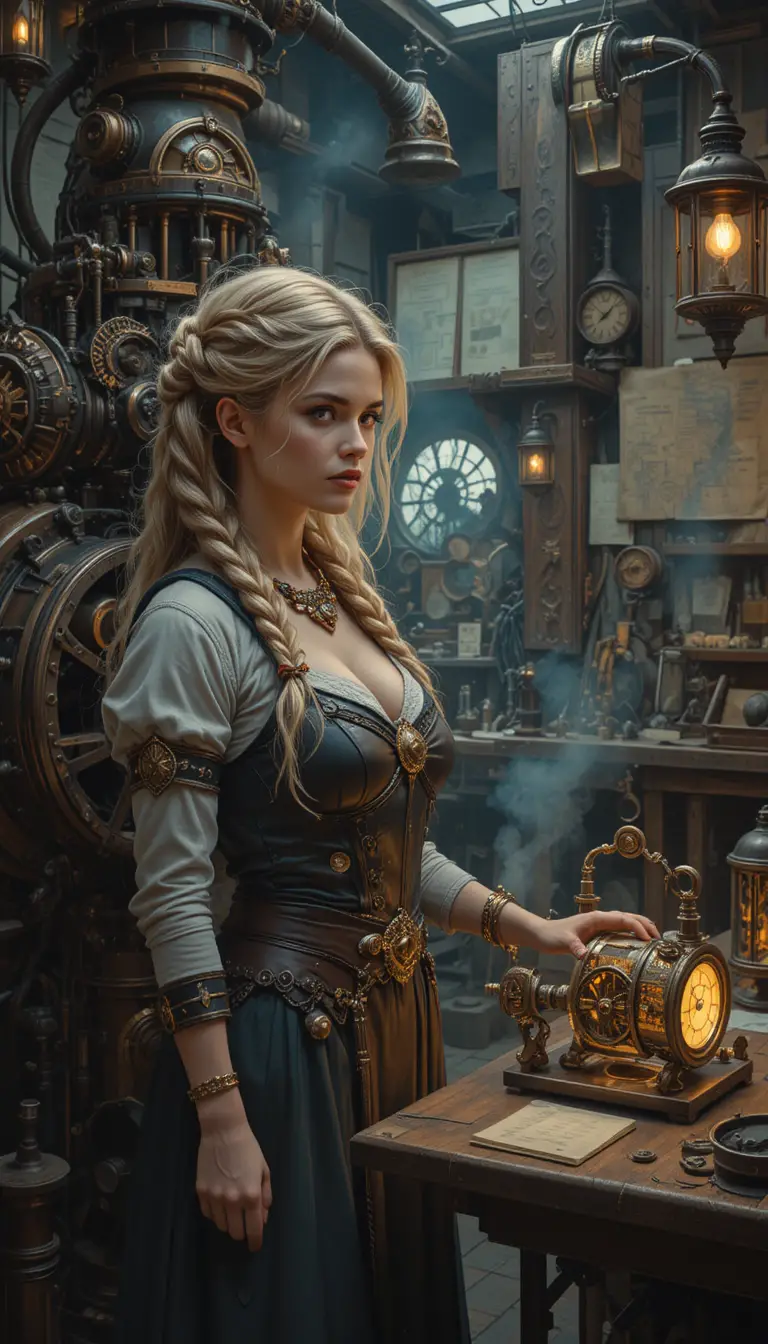 Nordic woman beside a towering steampunk engine