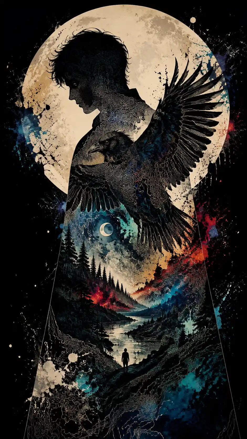 Human silhouette merging with raven and lunar nightscape