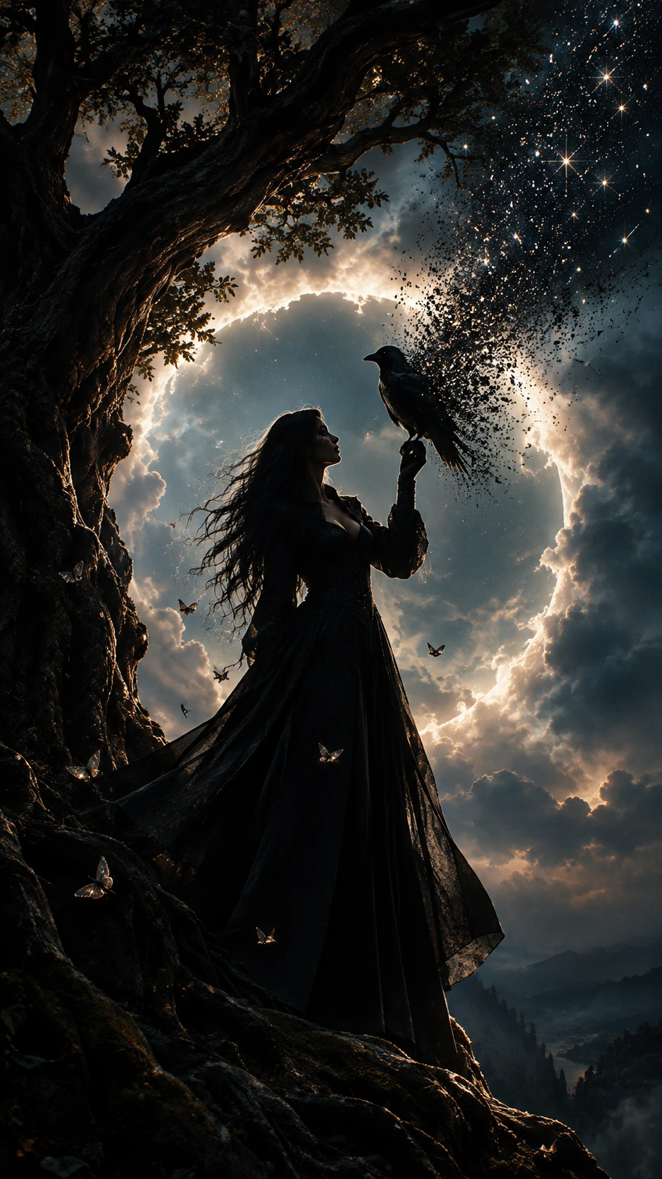 Silhouetted woman with raven beneath radiant ancient tree