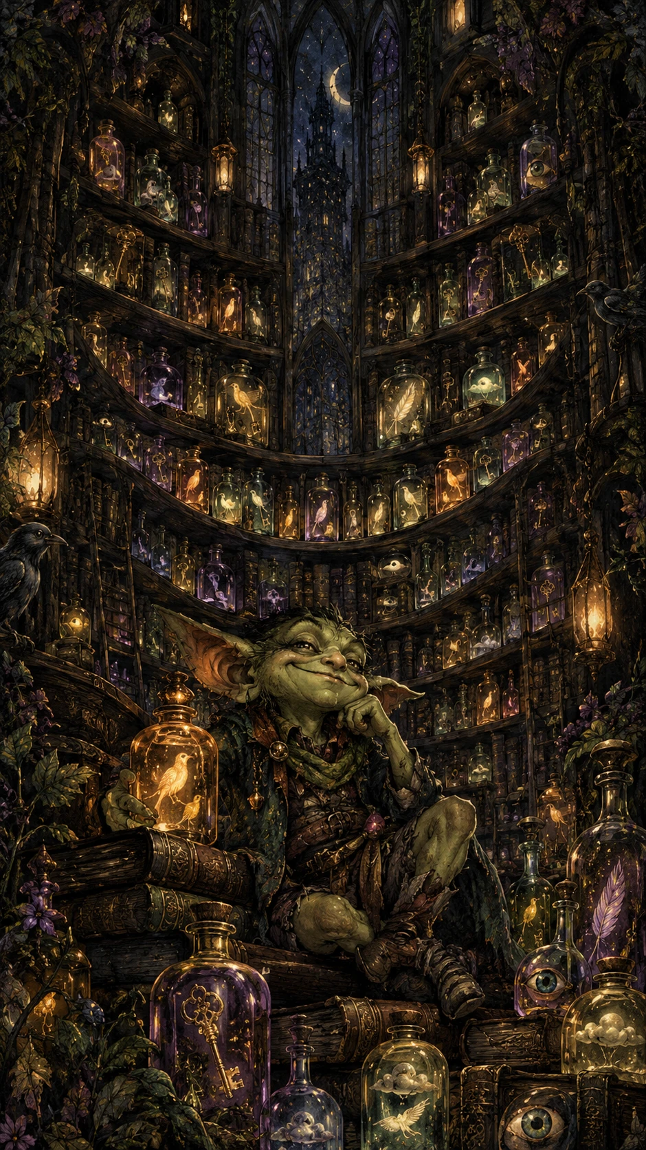 Goblin Surrounded By Bottled Secrets In Antique Library