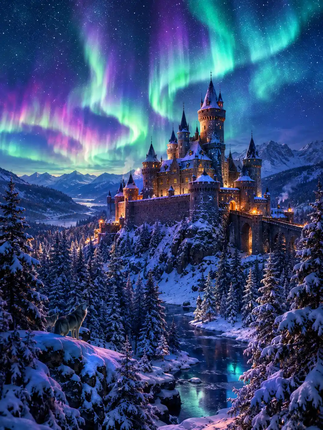 Medieval Castle In Snow Beneath Aurora Lit Night Sky