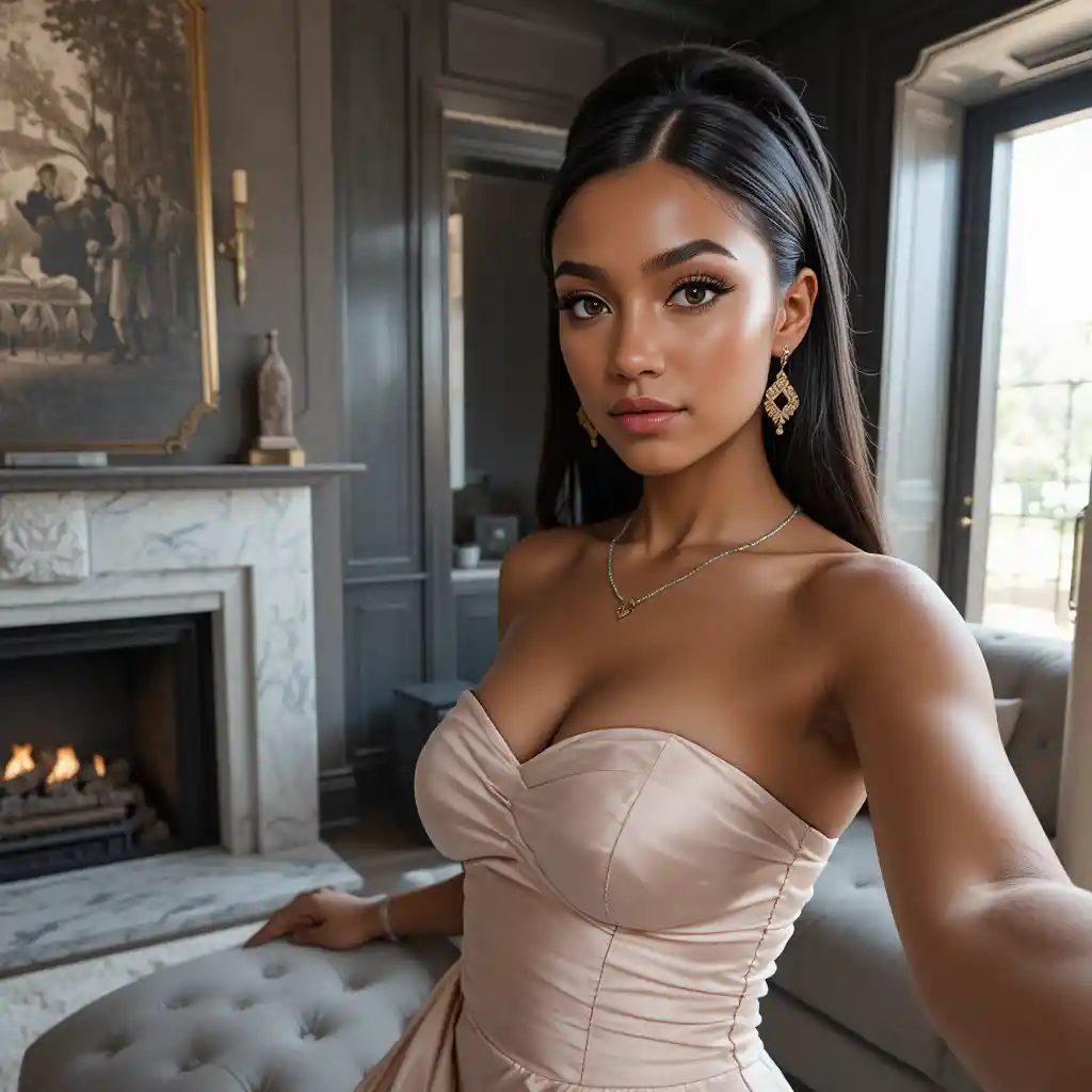 Elegant woman selfie in a dim upscale living room