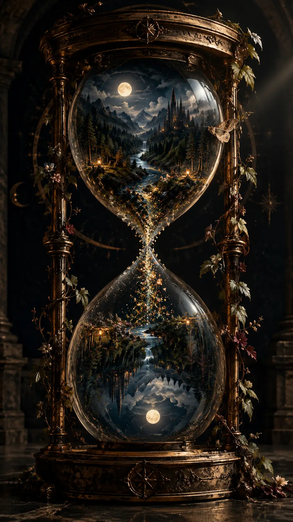 Surreal hourglass framing mirrored moonlit fantasy worlds