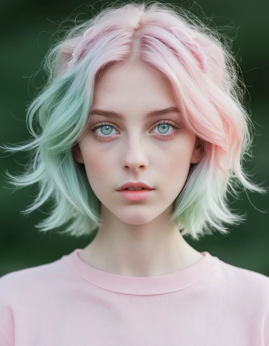 Pastel haired girl with pale skin and green eyes