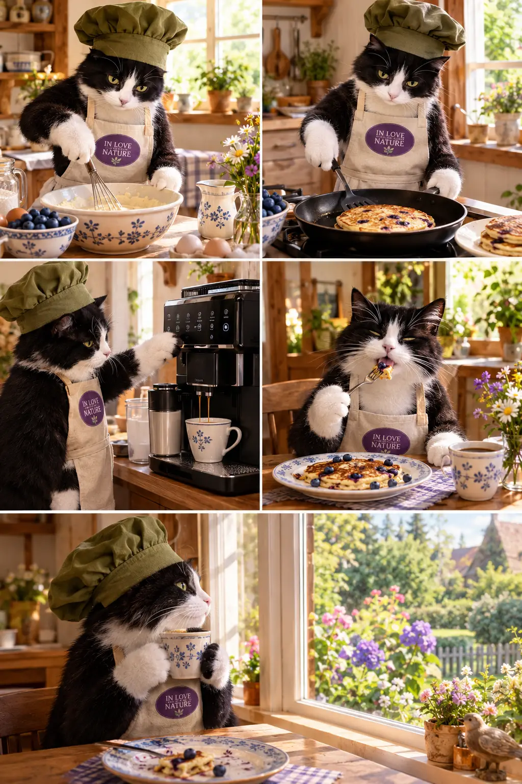 Black and white cat chef baking blueberry pancake