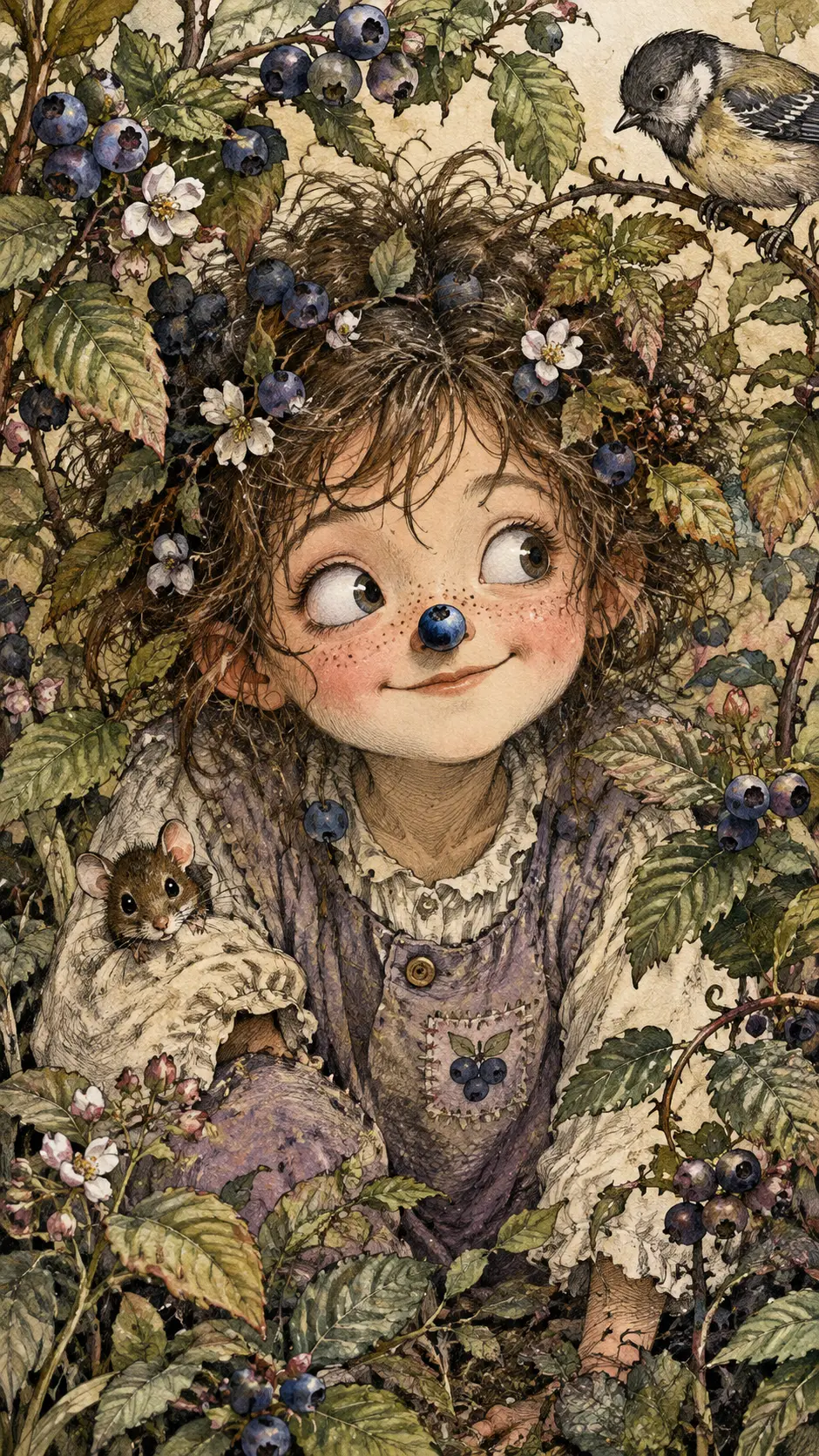 Curious woodland girl with blueberry on her nose