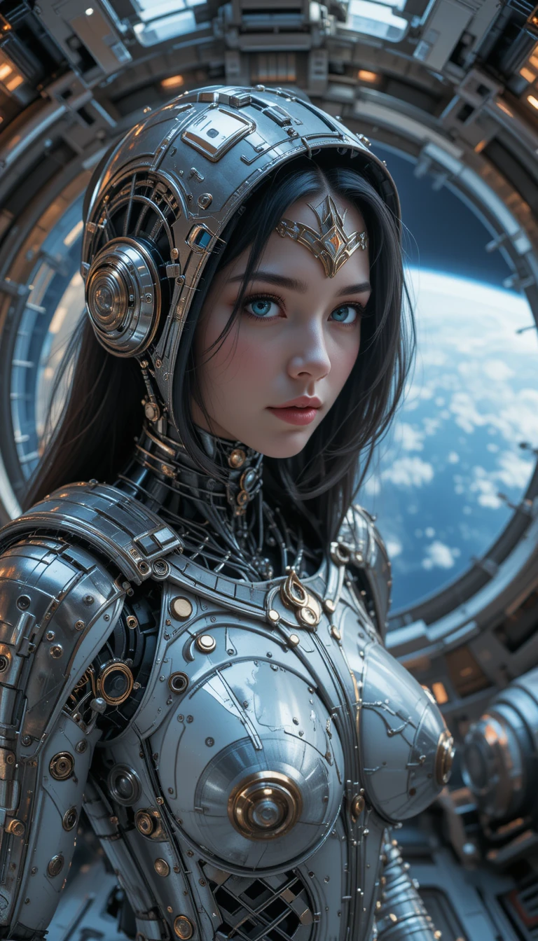 Futuristic female robot in a spaceship cockpit