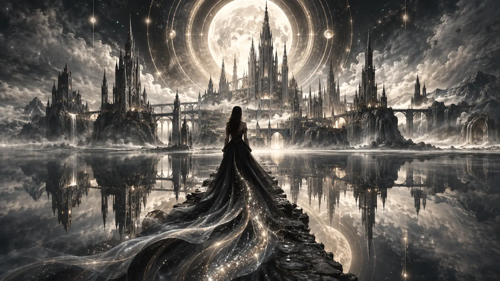Woman on stone causeway before gothic city and vast moon
