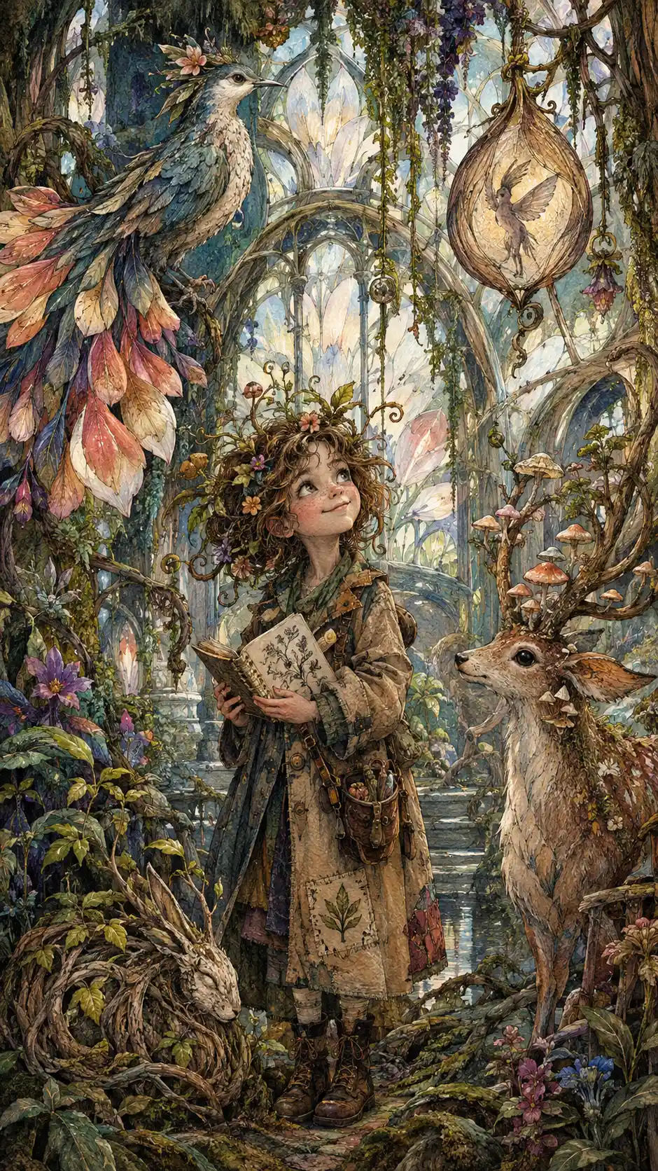 Tiny woodland child in a surreal botanical conservatory