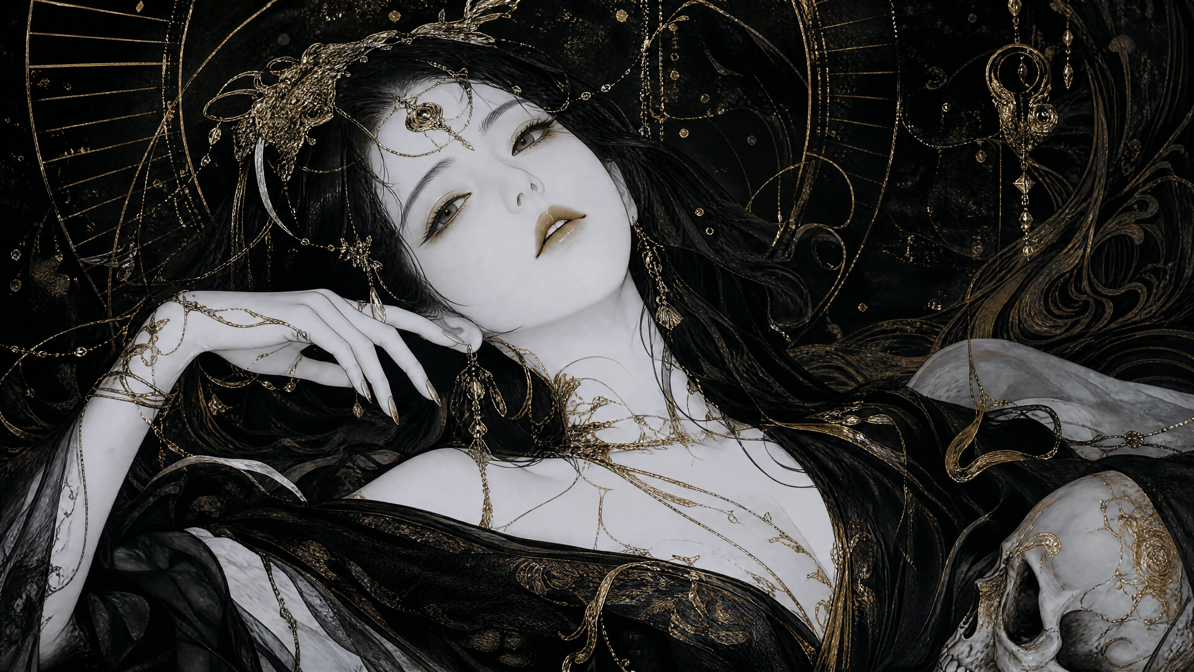 Ethereal white skinned woman in gold accented monochrome portrait