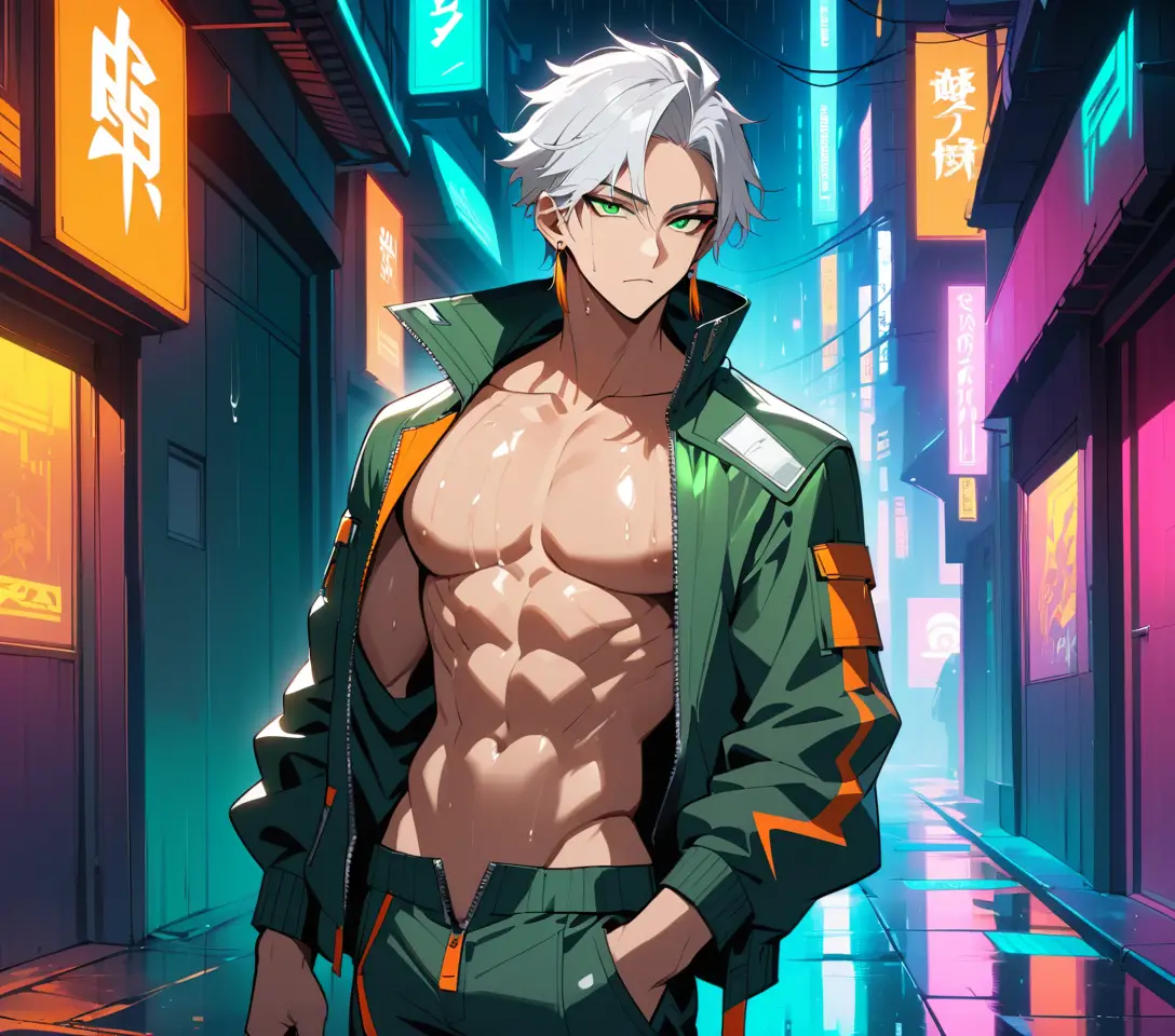 White haired anime man in neon cyberpunk alley