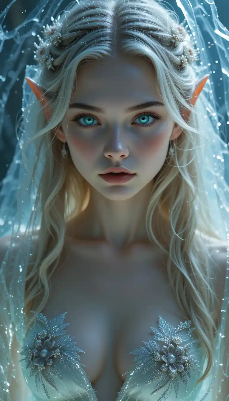 Melancholic ice bound elf girl in cinematic close up