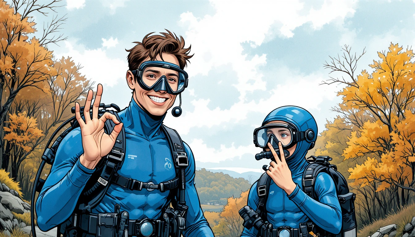Two scuba divers sharing hand signals in autumn forest