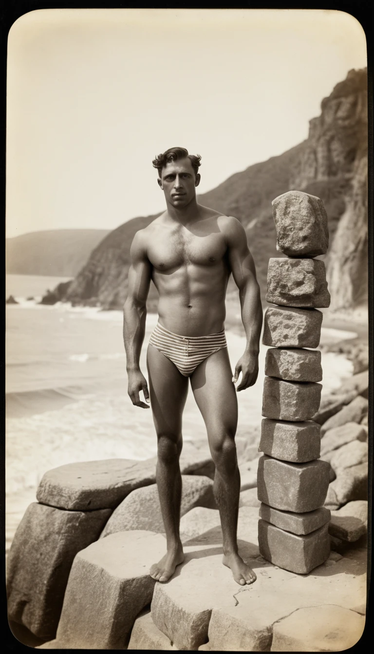 Vintage bather in striped swimsuit on seaside promenade