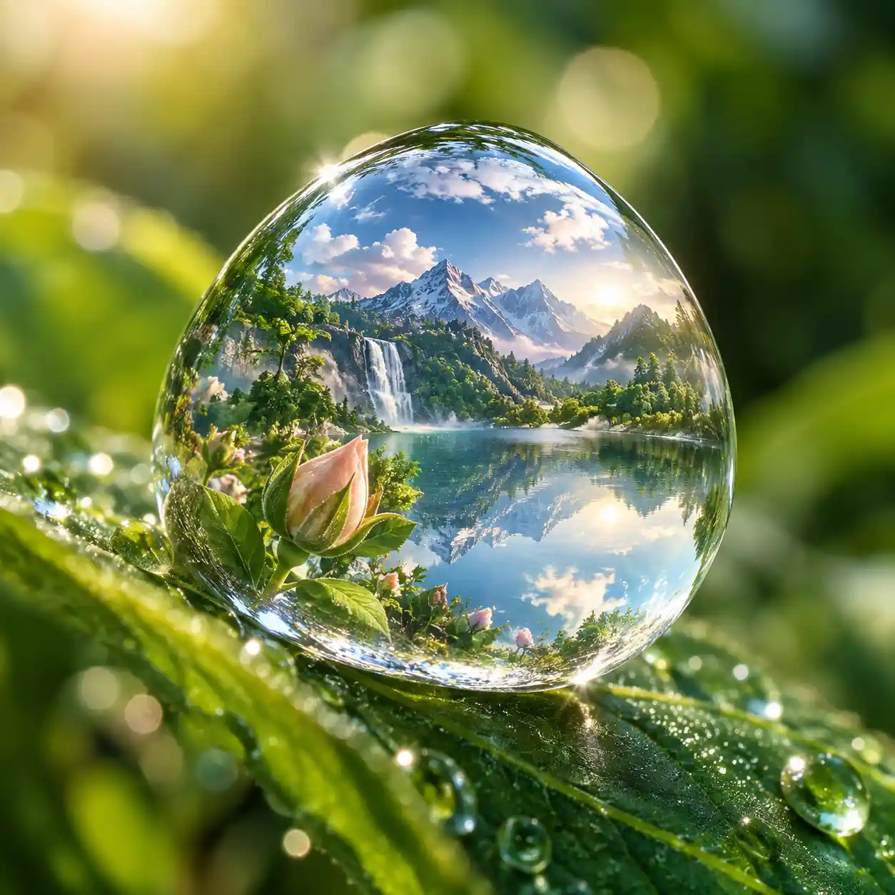 Water droplet on leaf reflecting a tiny mountain world