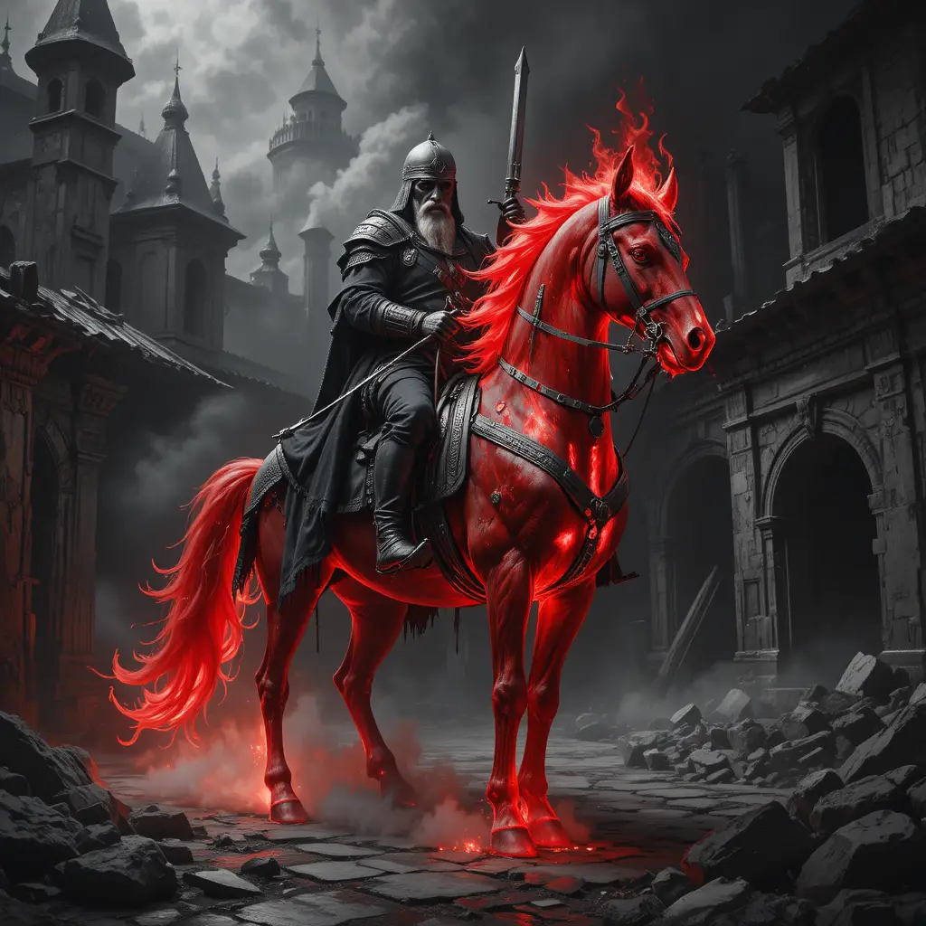 Koschei riding a flaming demon horse in ruined castle night