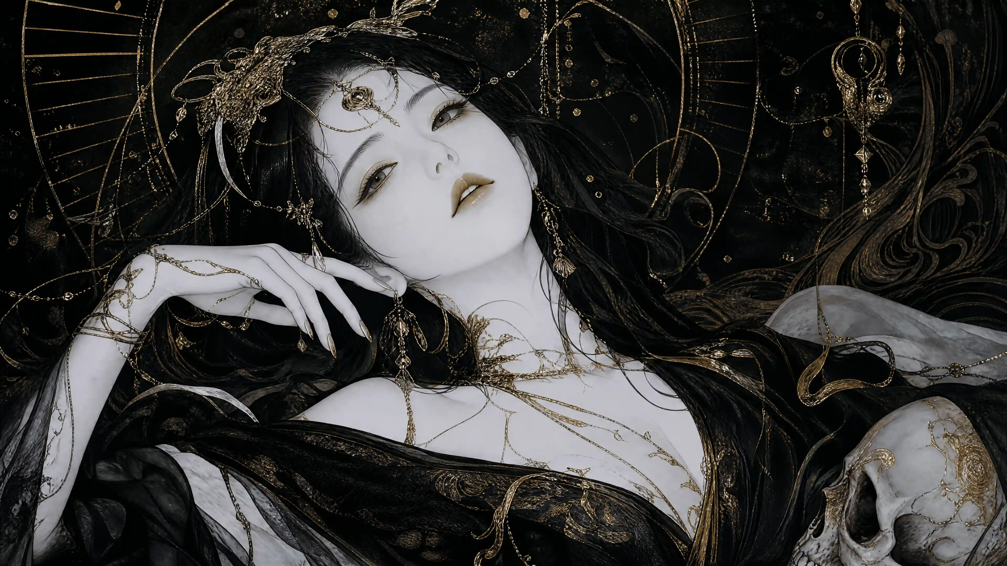 Ethereal white skinned woman in gold accented monochrome portrait
