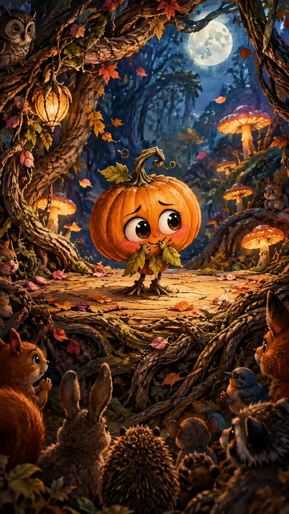 Tiny pumpkin character on a woodland stage under moonlight