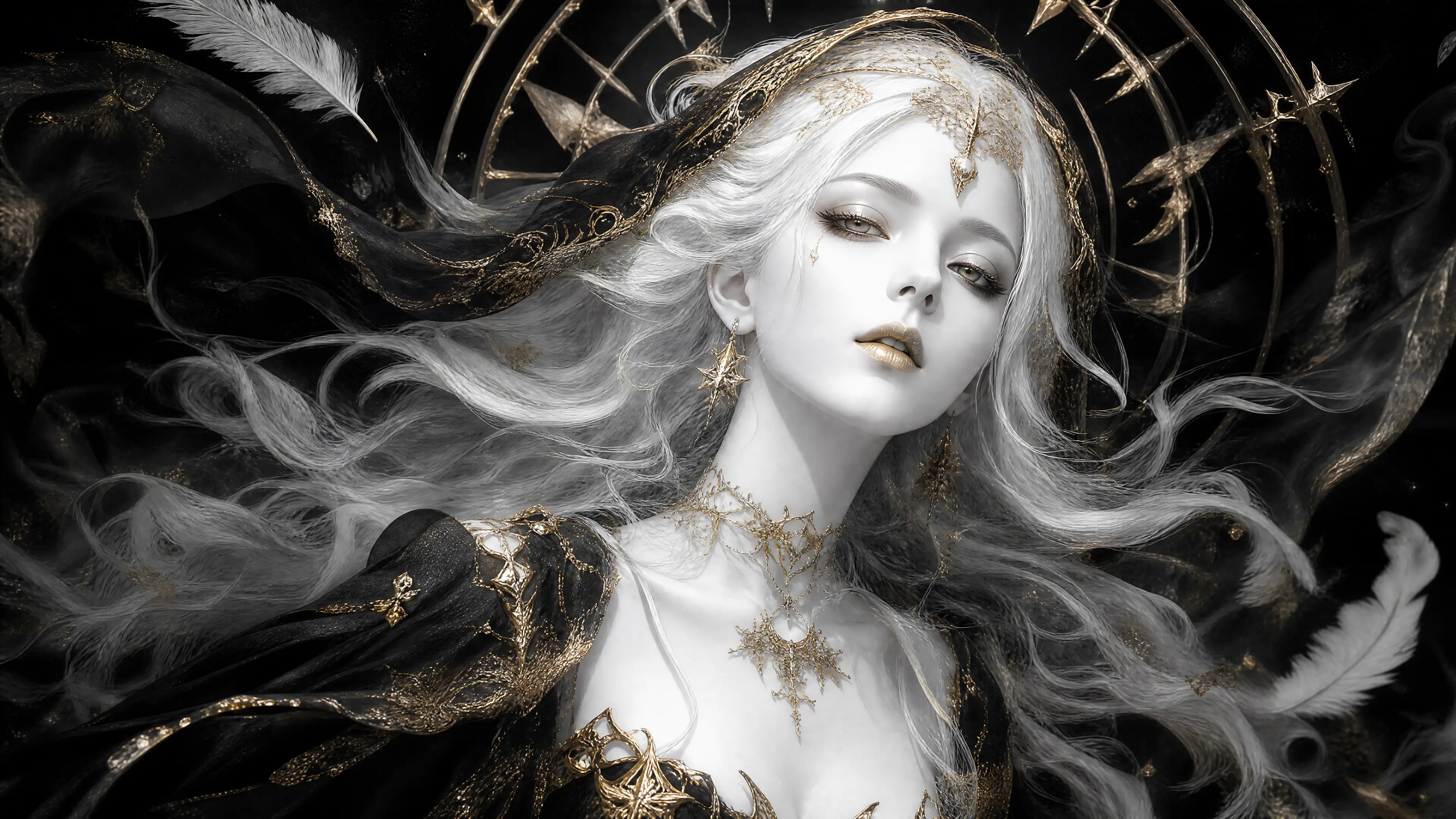 Ethereal white skinned woman in black and white fantasy portrait