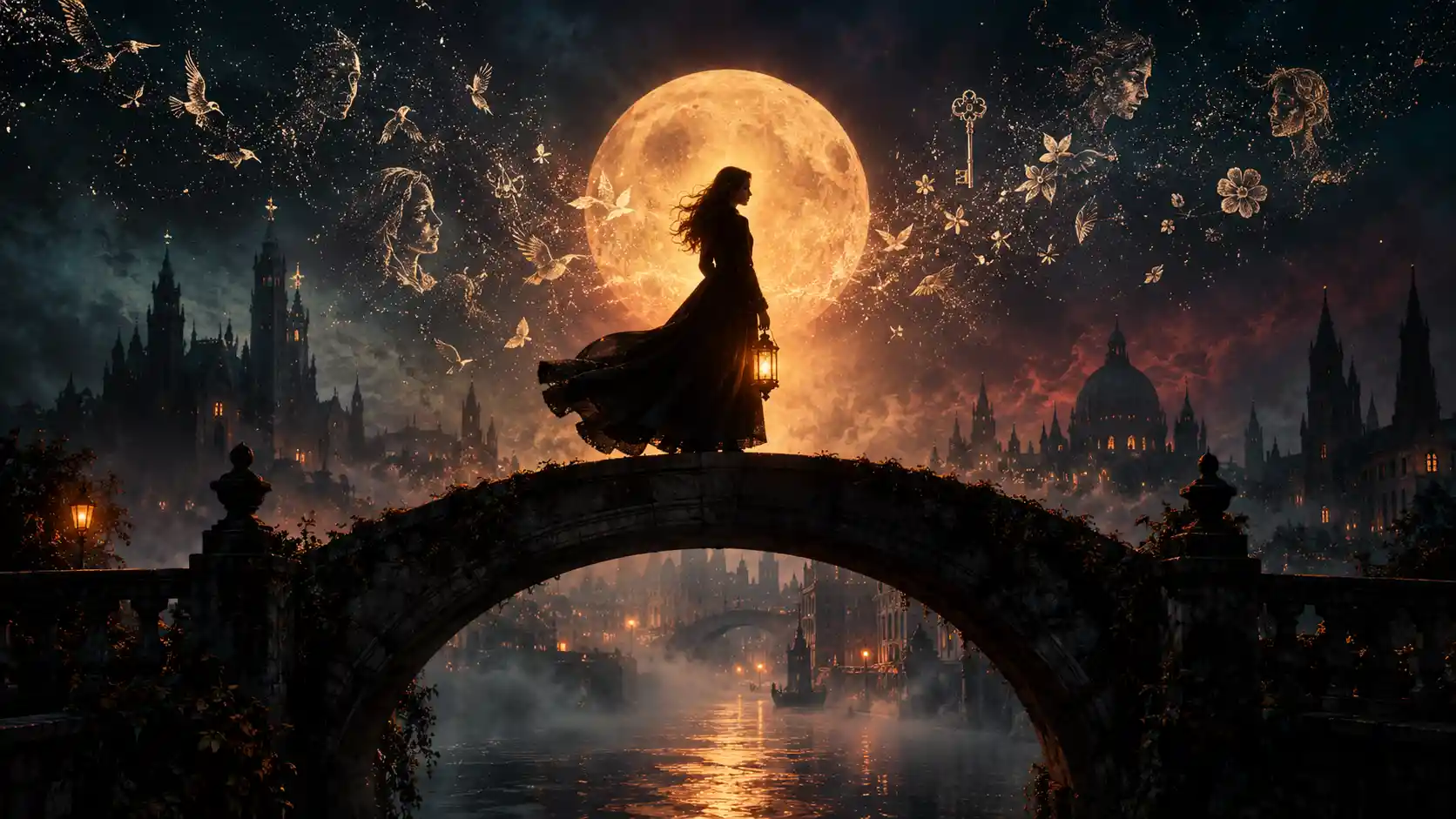 Woman silhouetted on moonlit bridge above misty gothic city