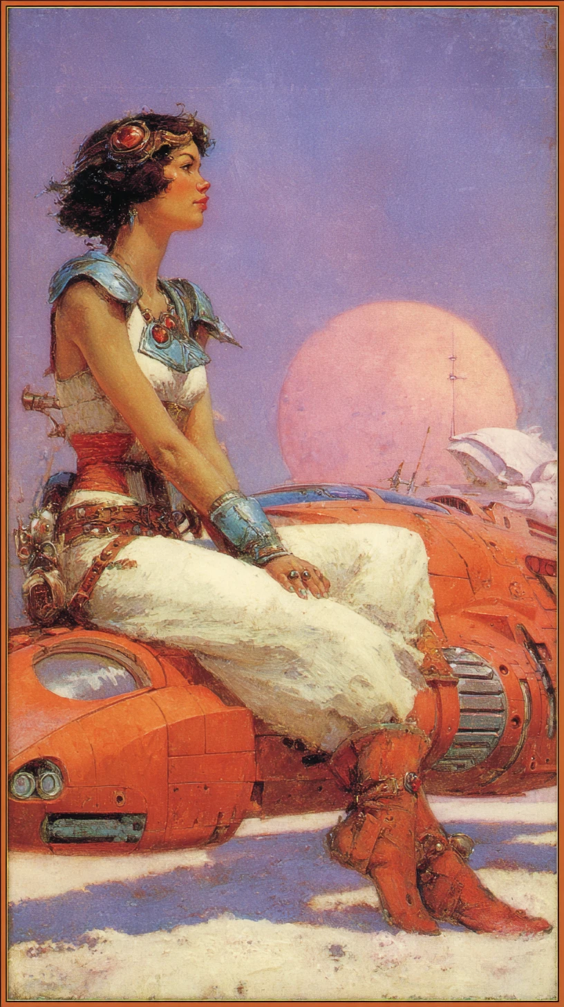 Female sci fi warrior before sleek spacecraft at sunset