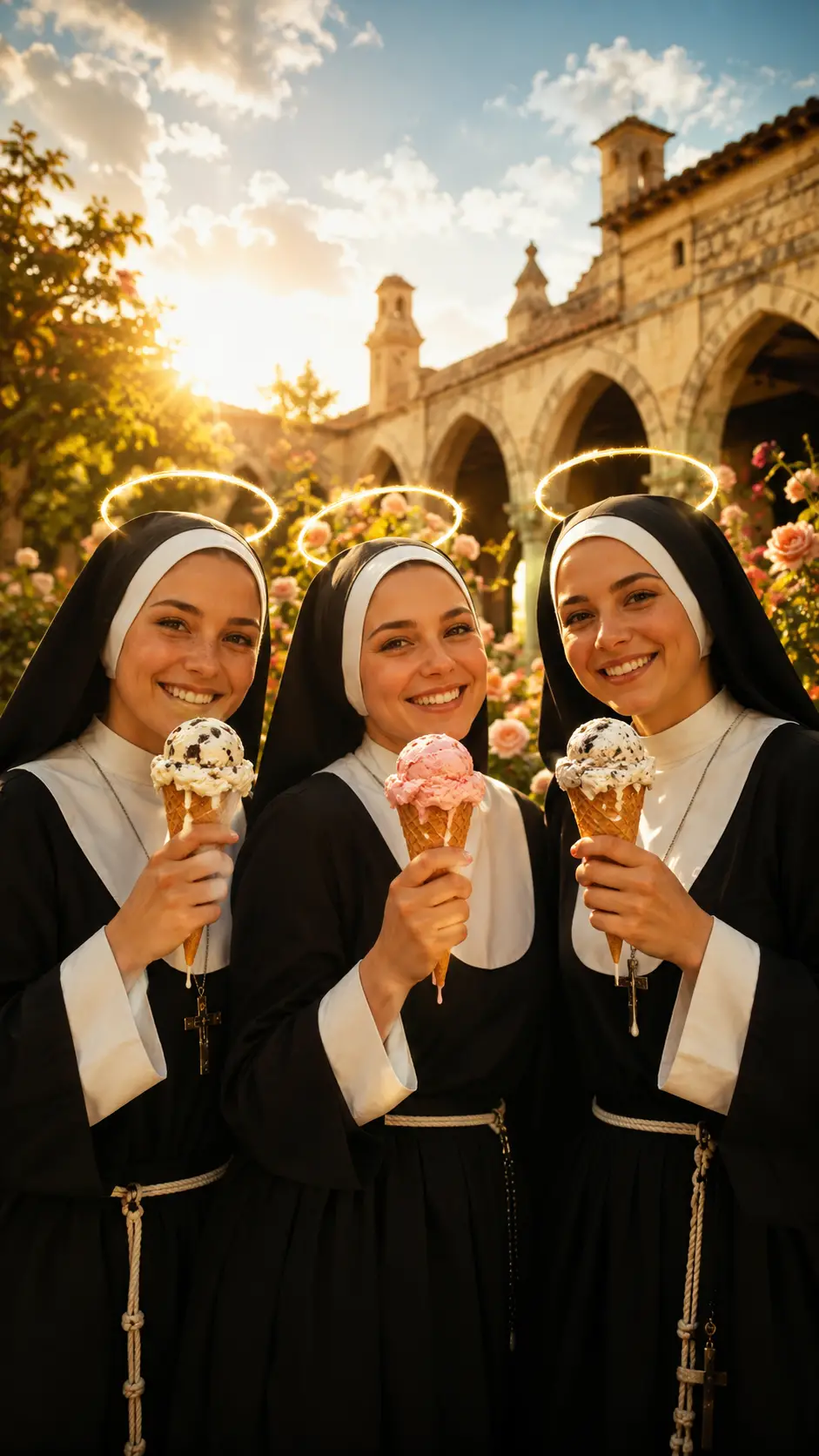 Cheerful Nuns Sharing Ice Cream In A Sunlit Convent Garden
