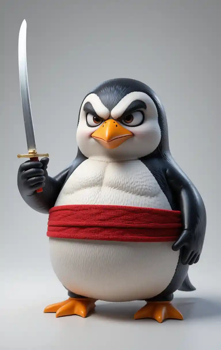 Angry cartoon penguin warrior with katana on white background