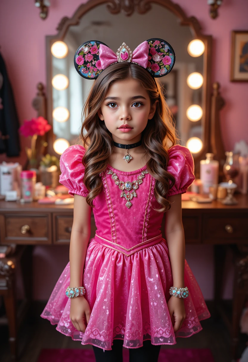 Hispanic tween boy in Minnie princess costume at vanity