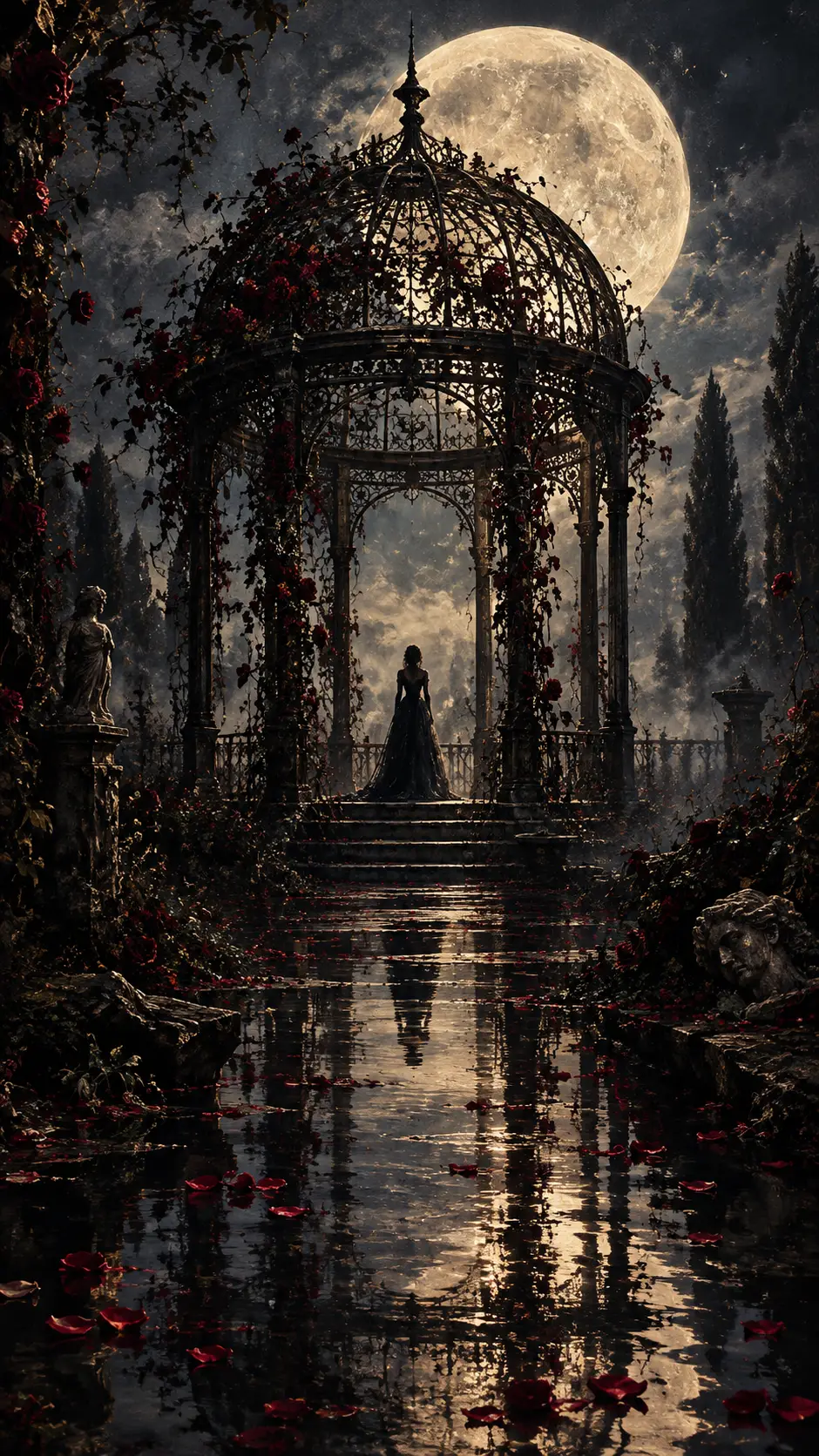 Gothic garden pavilion beneath a vast moonlit sky