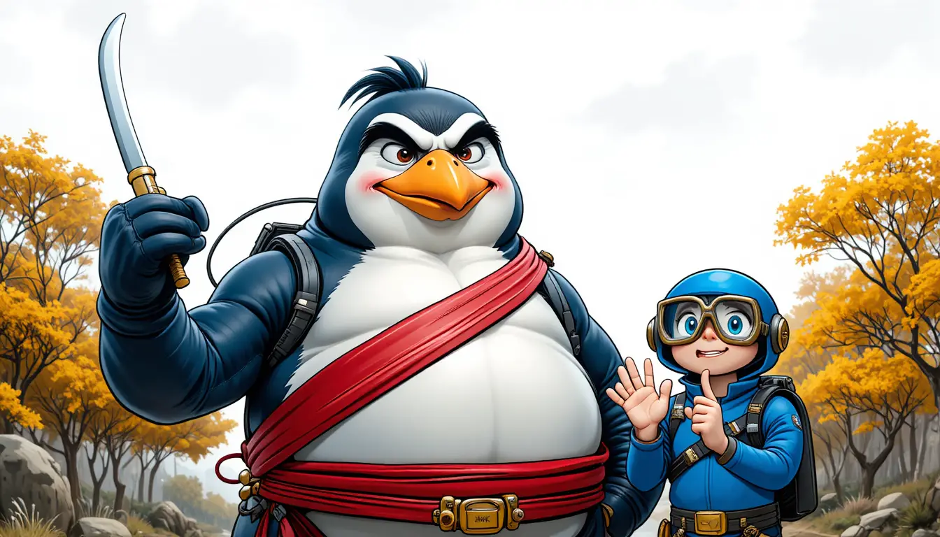Angry cartoon penguin warrior holding a katana sword