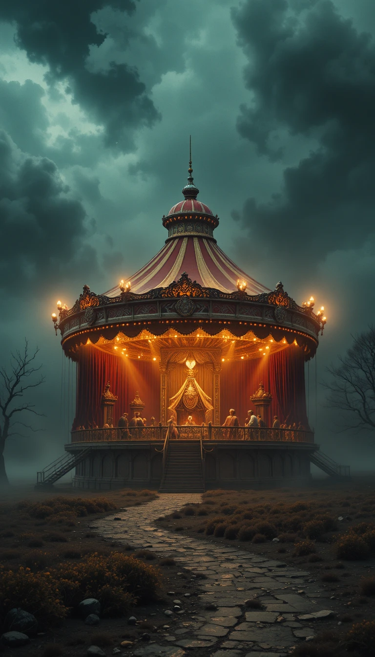 Vintage circus tent rising from a lonely foggy landscape