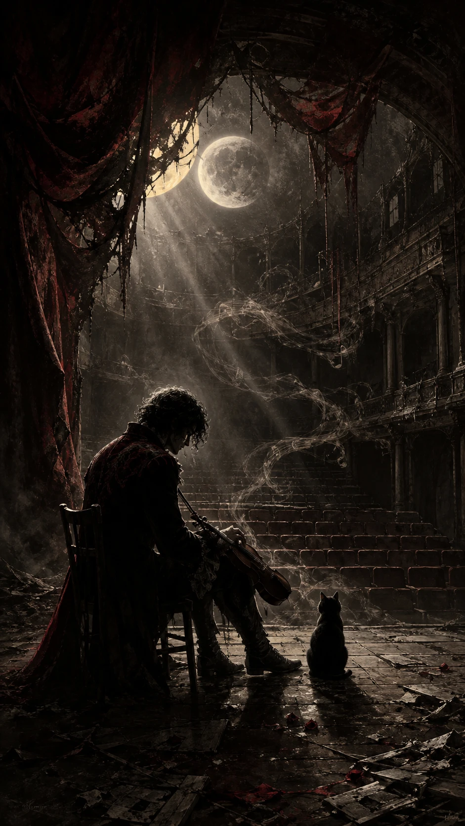 Lone musician in ruined theater under haunting moonlight