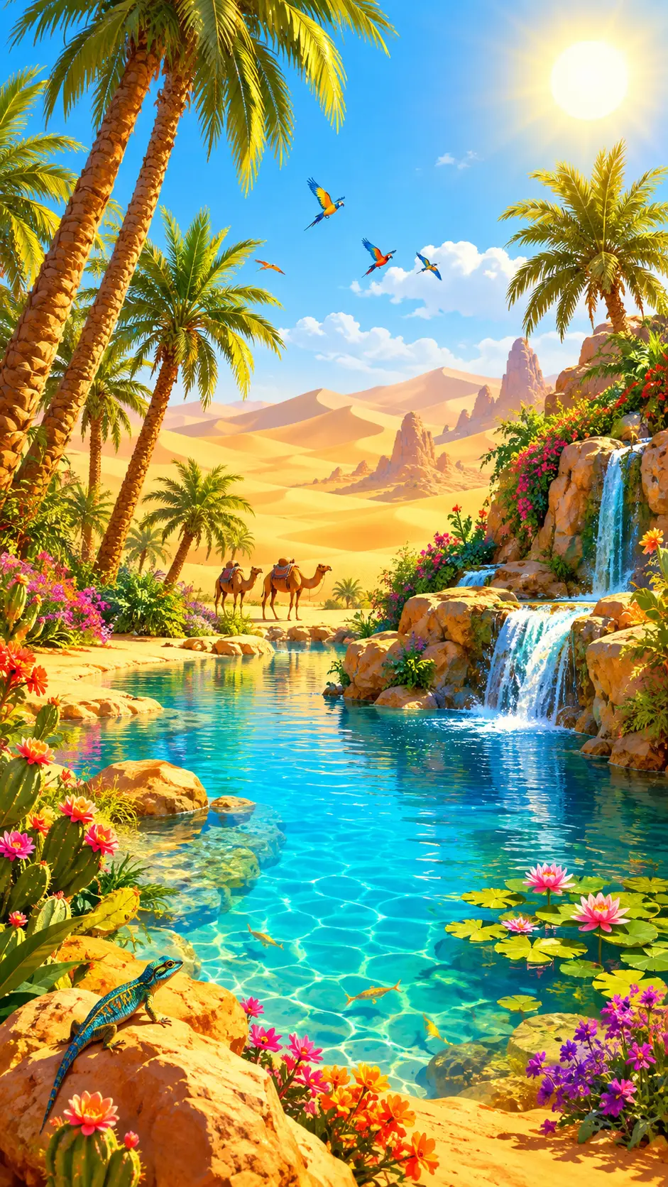 Colorful desert oasis under bright cheerful sunshine