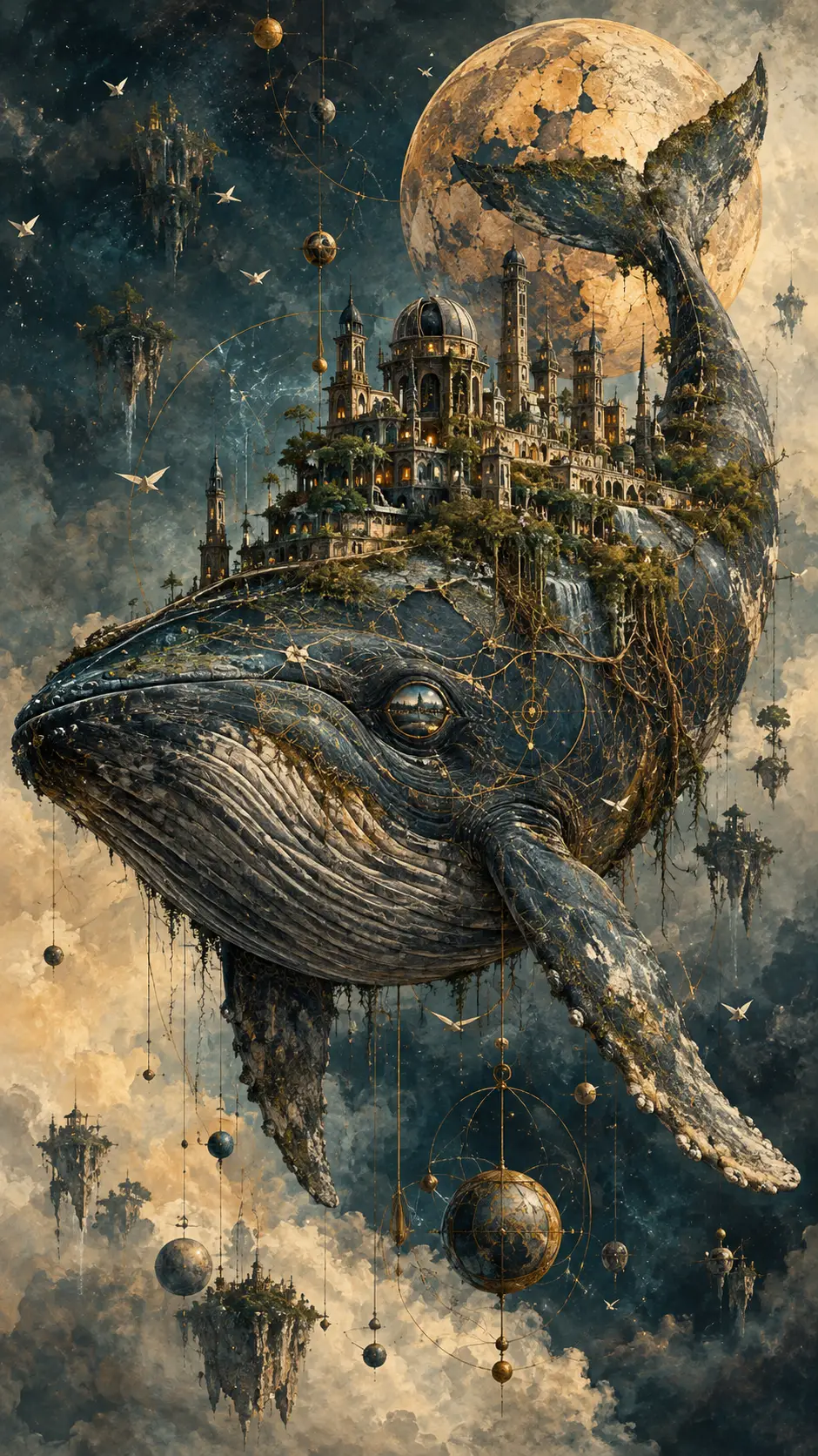 Celestial whale carrying a forgotten city through surreal skies