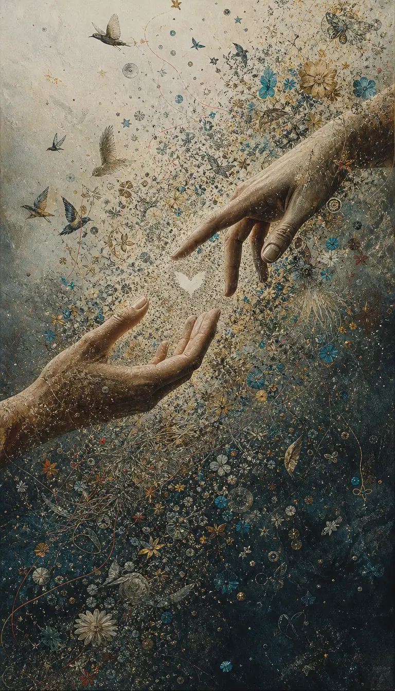 Two Realistic Hands Reaching Toward Each Other Through Symbols