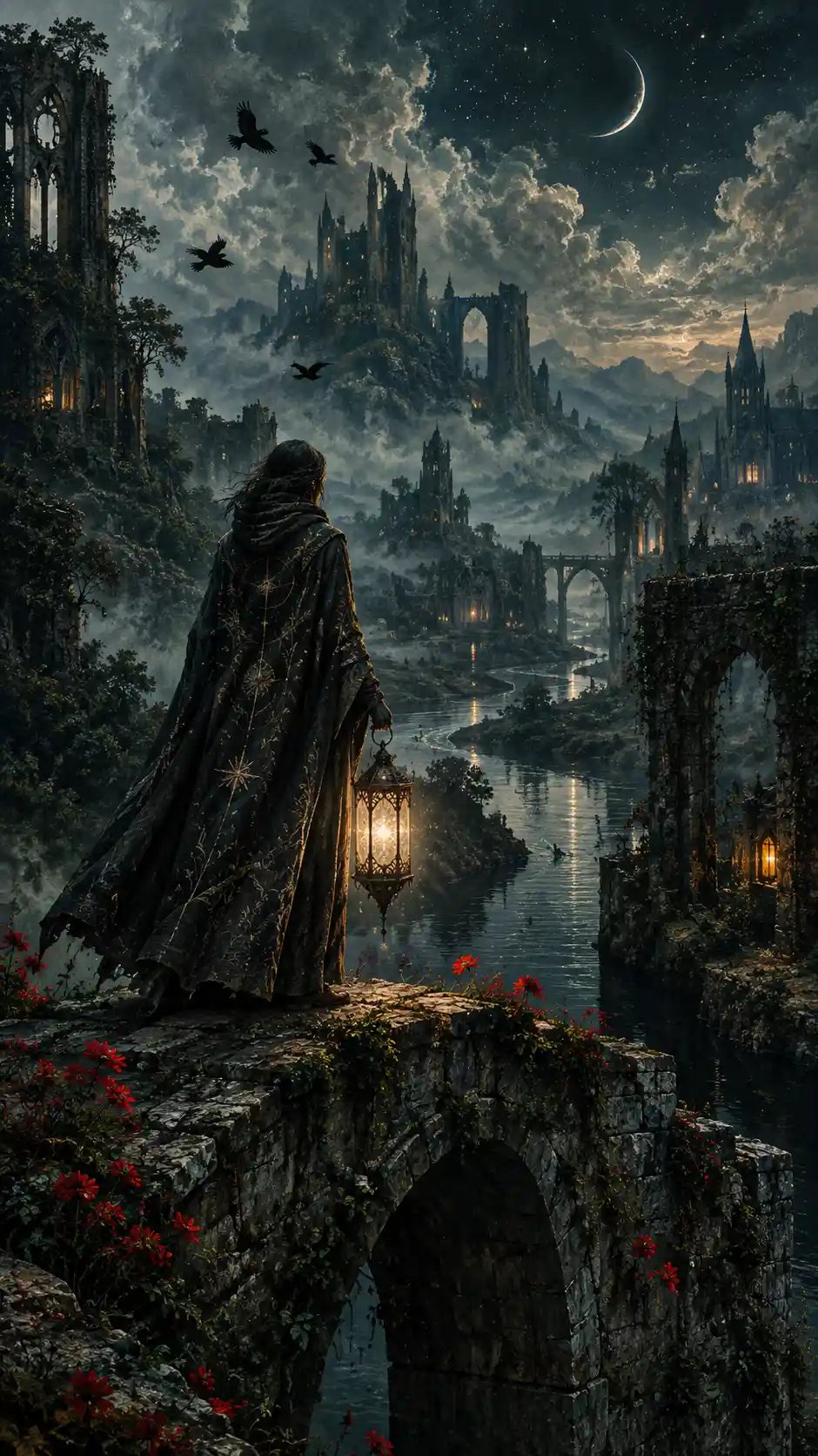 Cloaked wanderer on a bridge above a dark river